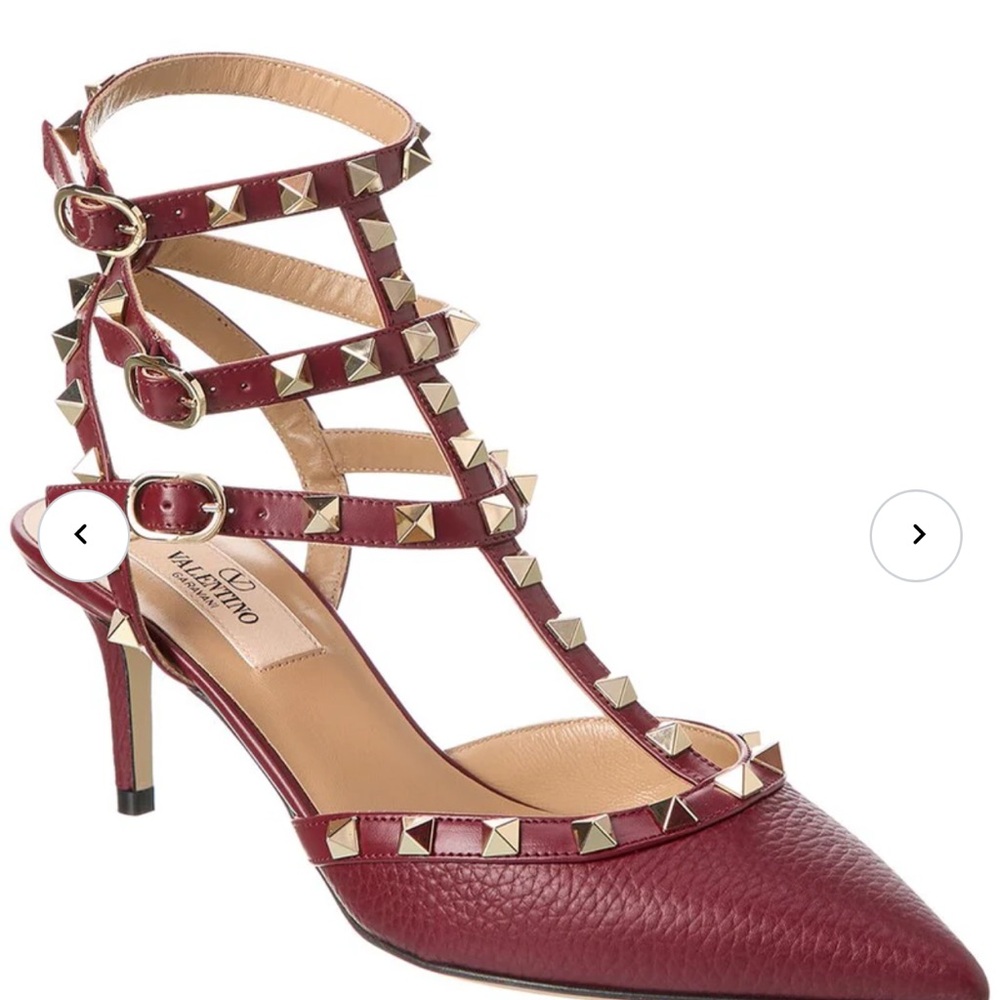 Valentino Garavani Red / Maroon Rockstud Heels. Grainy leather